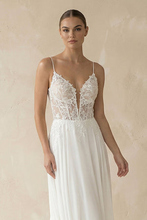 Plunging Sheath Satin Appliqued Wedding Dress in White - KISS BRIDAL Wedding Dresses