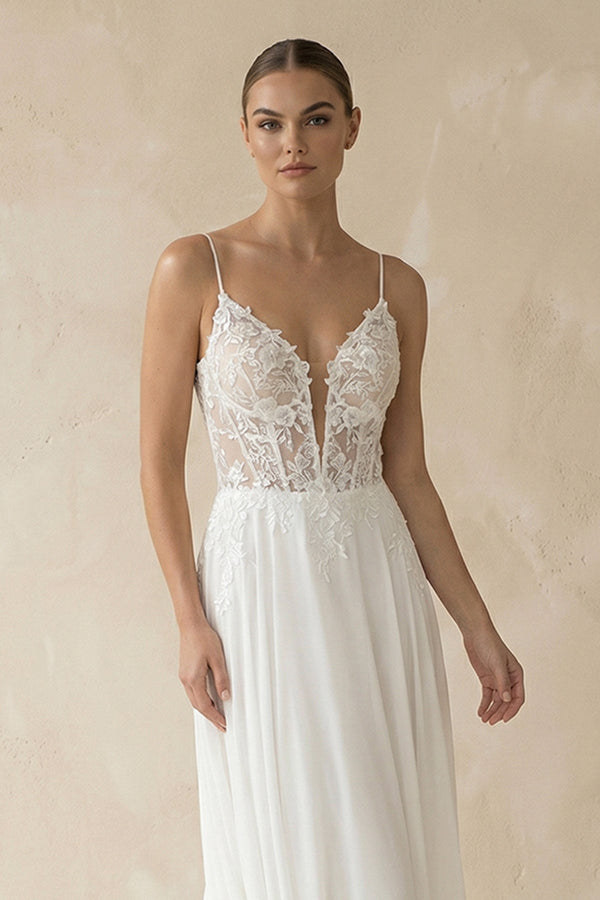 Plunging Sheath Satin Appliqued Wedding Dress in White - KISS BRIDAL Wedding Dresses