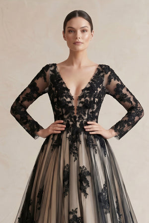 Plunging Tulle Appliqued Ball - Gown Wedding Dress in Black and Nude - KISS BRIDAL Wedding Dresses