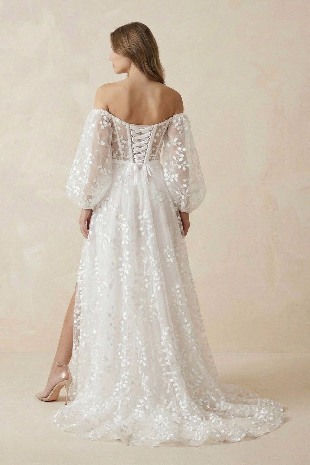 A-Line Ivory Off-the-Shoulder Tulle Wedding Dress With Slit