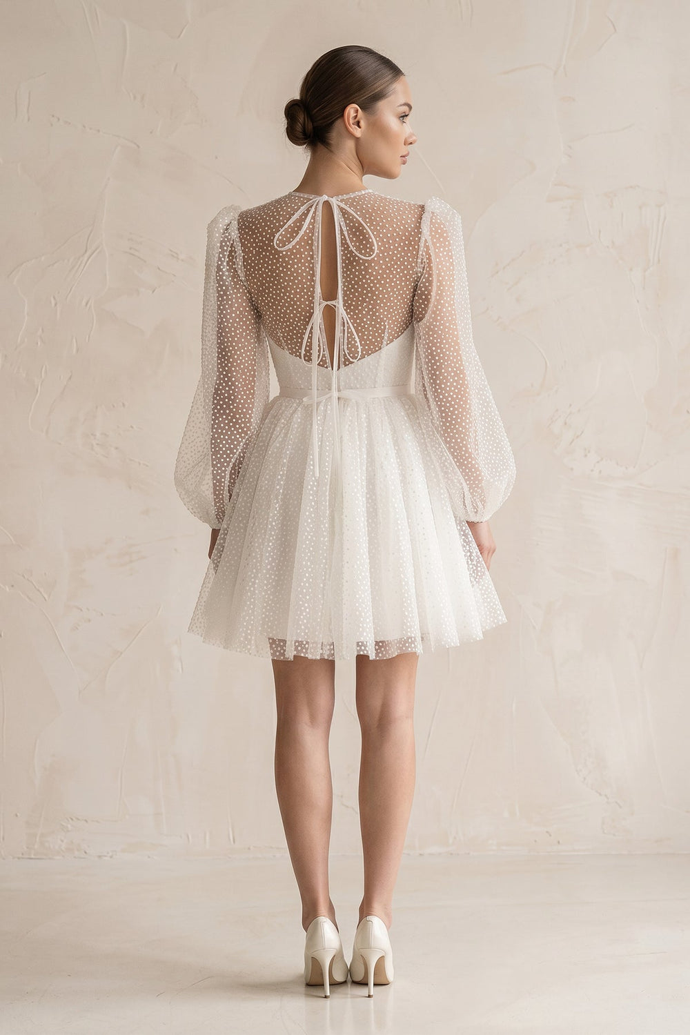 Polk Dots Tulle A-Line Mini Wedding Dress With Sleeves in White