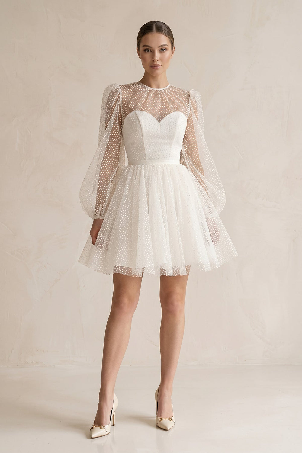 Polk Dots Tulle A-Line Mini Wedding Dress With Sleeves in White