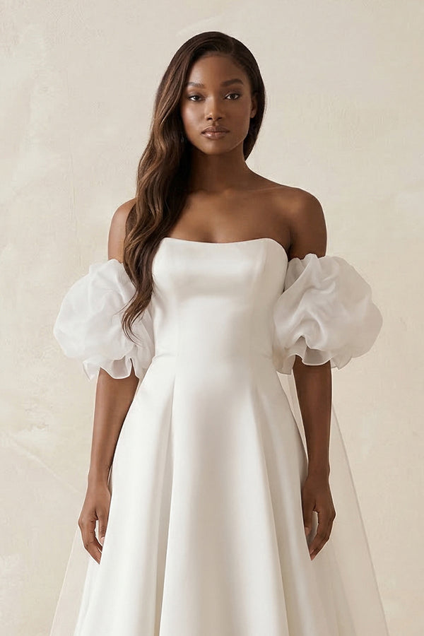 Puff Sleeves Off - the - Shoulder Satin A - Line Wedding Dress in White - KISS BRIDAL Wedding Dresses