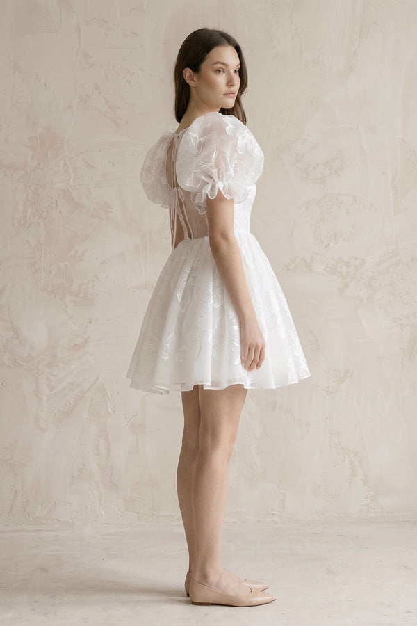 Puff Sleeves Square Neck A - Line Appliqued Tulle Wedding Dress in White - KISS BRIDAL Wedding Dresses