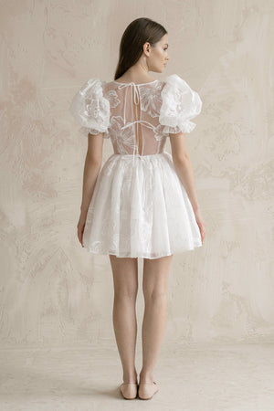 Puff Sleeves Square Neck A - Line Appliqued Tulle Wedding Dress in White - KISS BRIDAL Wedding Dresses
