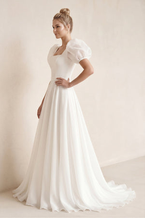 Puff Sleeves Square Neck A - Line Chiffon Wedding Dress in White - KISS BRIDAL Wedding Dresses