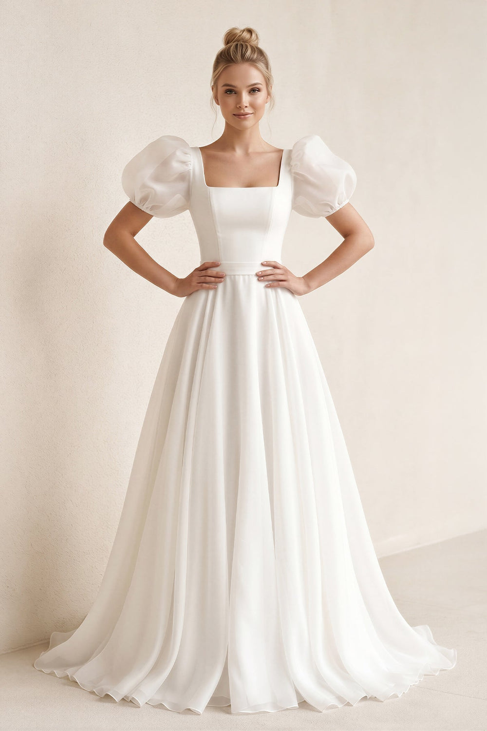 Puff Sleeves Square Neck A-Line Chiffon Wedding Dress in White