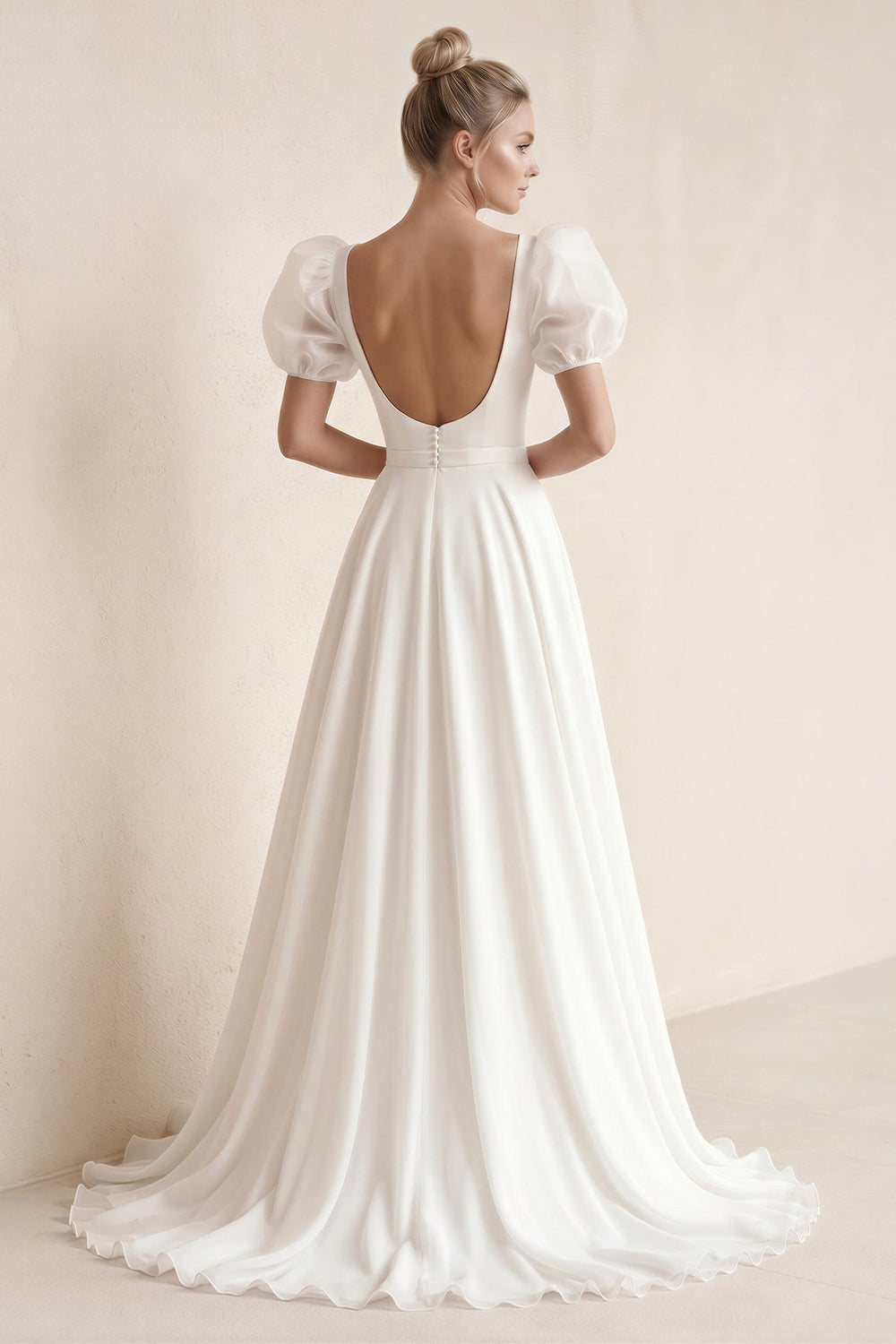 Puff Sleeves Square Neck A-Line Chiffon Wedding Dress in White