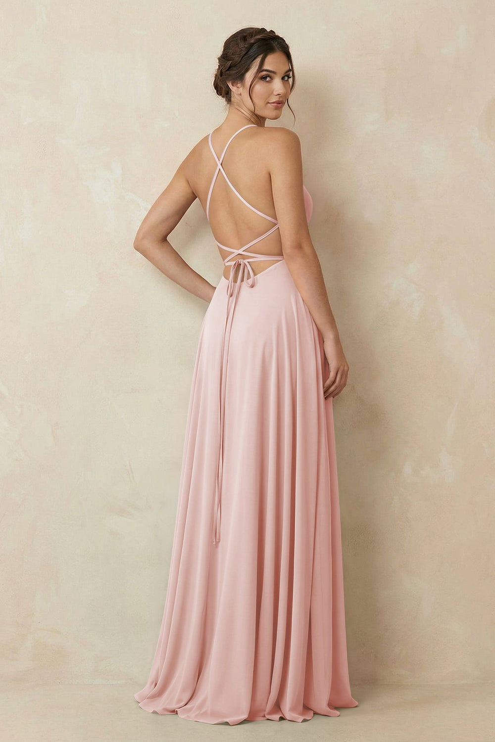A-Line Chiffon Bridesmaid Dress With Slit in Rose Petal