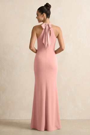 Rose Petal Crisscross Halter Sheath Satin Bridesmaid Dress with Bow (2) | KISSBRIDAL