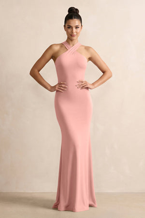 Rose Petal Crisscross Halter Sheath Satin Bridesmaid Dress with Bow | KISSBRIDAL