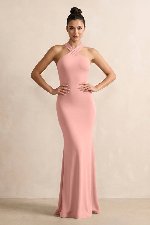 Rose Petal Crisscross Halter Sheath Satin Bridesmaid Dress with Bow | KISSBRIDAL