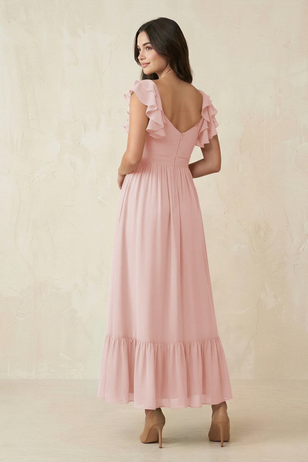 Flutter Sleeve Sweetheart A-Line Chiffon Bridesmaid Dress in Rose Petal