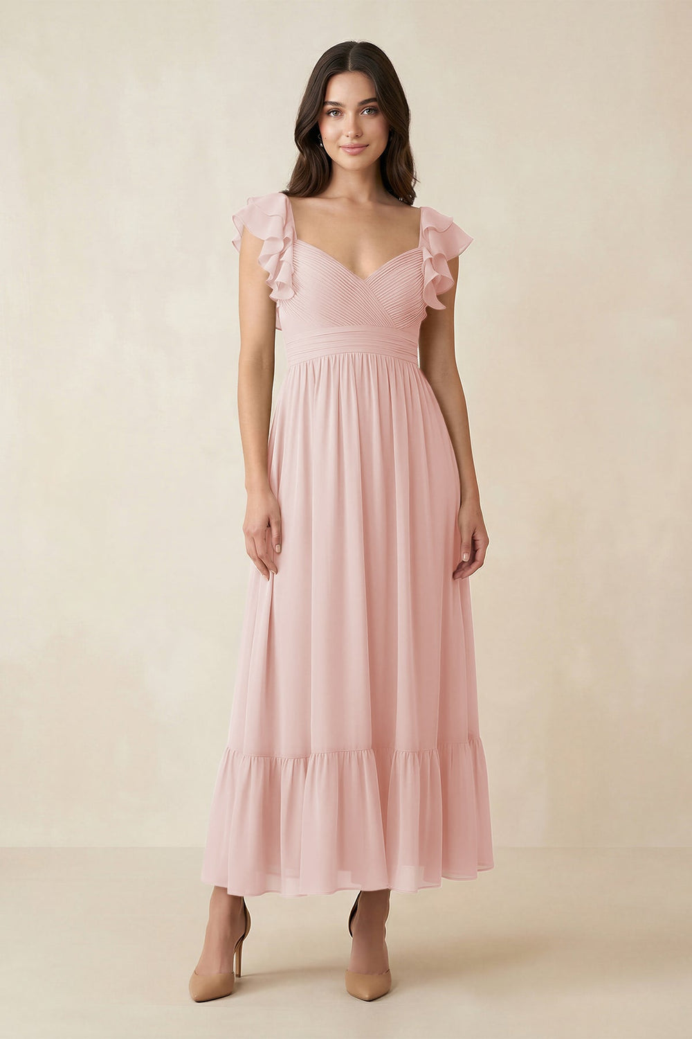 Flutter Sleeve Sweetheart A-Line Chiffon Bridesmaid Dress in Rose Petal