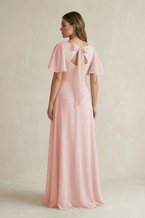 Rose Petal Flutter Sleeve V-Neck A-Line Chiffon Bridesmaid Dress (2) | KISSBRIDAL