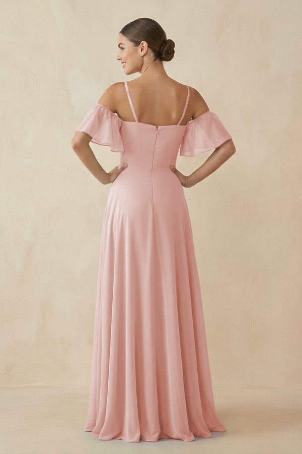 Rose Petal Off-the-Shoulder A-Line Chiffon Bridesmaid Dress (2) | KISSBRIDAL