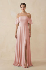 Rose Petal Off-the-Shoulder A-Line Chiffon Bridesmaid Dress | KISSBRIDAL