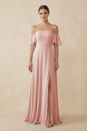 Rose Petal Off-the-Shoulder A-Line Chiffon Bridesmaid Dress | KISSBRIDAL