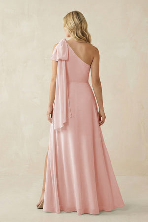 Rose Petal Ruffled One Shoulder Chiffon Bridesmaid Dress With Slit in Rose Petal (2) | KISSBRIDAL