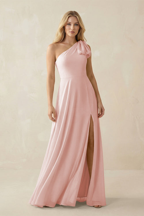 Rose Petal Ruffled One Shoulder Chiffon Bridesmaid Dress With Slit in Rose Petal | KISSBRIDAL