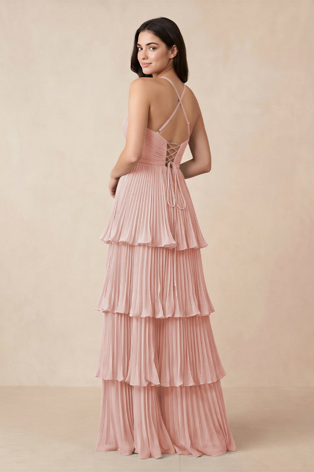 Tiered Pleated V-Neck A-Line Chiffon Bridesmaid Dress in Rose Petal