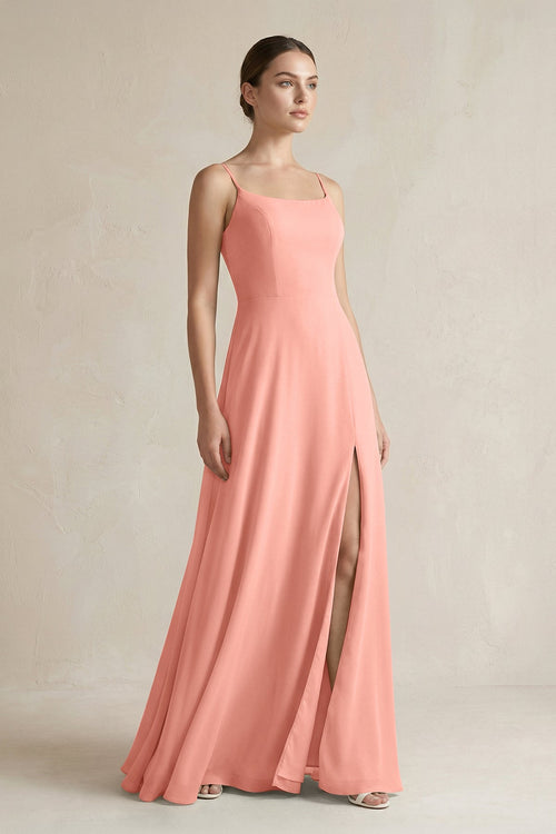 Rosette A-Line Chiffon Spaghetti Strap Bridesmaid Dress | KISSBRIDAL