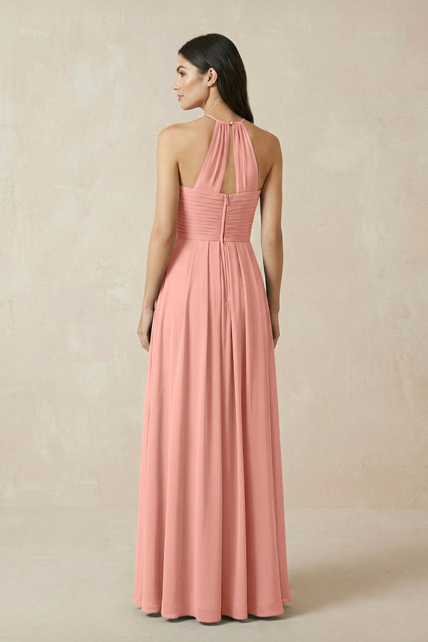 Rosette A-Line Halter Neck Pleated Chiffon Bridesmaid Dress (2) | KISSBRIDAL