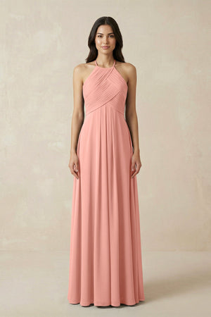 Rosette A-Line Halter Neck Pleated Chiffon Bridesmaid Dress | KISSBRIDAL
