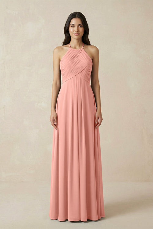 Rosette A-Line Halter Neck Pleated Chiffon Bridesmaid Dress | KISSBRIDAL