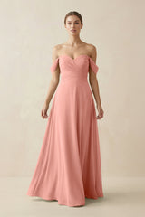 Rosette A-Line Off-the-Shoulder Chiffon Bridesmaid Dress | KISSBRIDAL