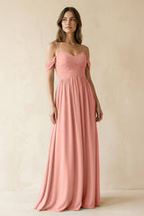 Rosette A-Line Off-the-Shoulder Pleated Chiffon Bridesmaid Dress | KISSBRIDAL