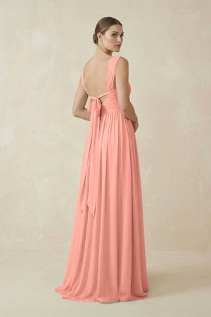 Rosette A-Line Pleated Chiffon Long Bridesmaid Dress (2) | KISSBRIDAL