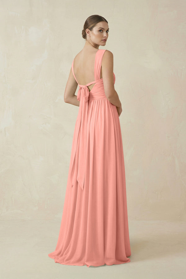 Rosette A-Line Pleated Chiffon Long Bridesmaid Dress (2) | KISSBRIDAL