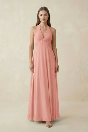 Rosette A-Line Pleated Chiffon V-Neck Bridesmaid Dress | KISSBRIDAL
