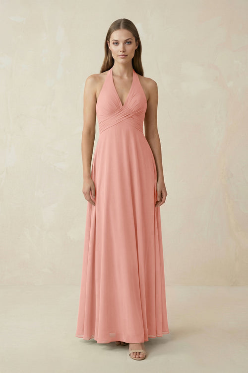 Rosette A-Line Pleated Chiffon V-Neck Bridesmaid Dress | KISSBRIDAL