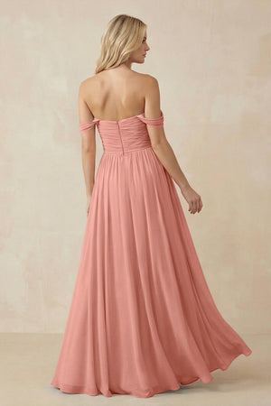 Rosette A-Line Pleated Long Chiffon Bridesmaid Dress (2) | KISSBRIDAL