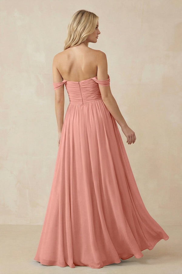 Rosette A-Line Pleated Long Chiffon Bridesmaid Dress (2) | KISSBRIDAL