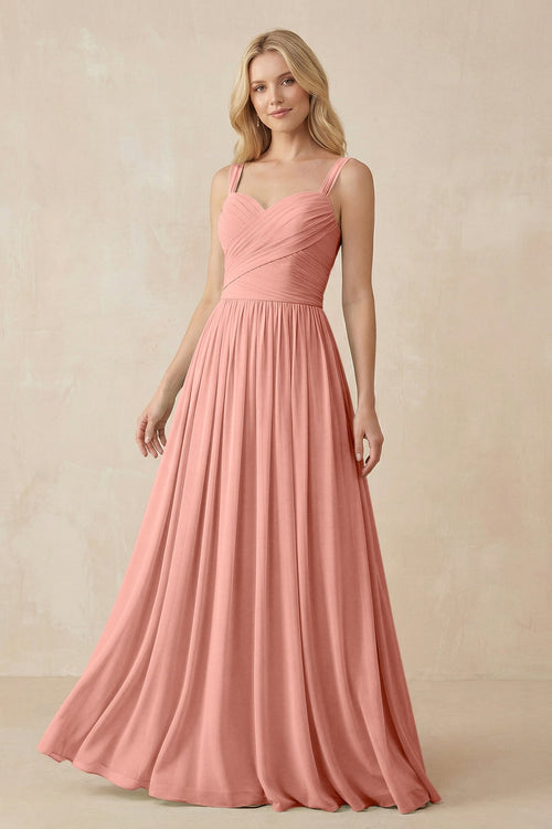 Rosette A-Line Pleated Long Chiffon Bridesmaid Dress | KISSBRIDAL