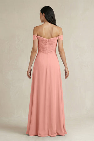 Rosette A-Line Pleated Off-the-Shoulder Chiffon Bridesmaid Dress (2) | KISSBRIDAL