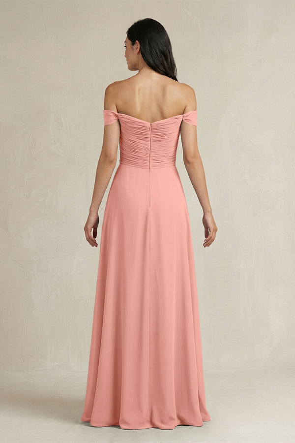 Rosette A-Line Pleated Off-the-Shoulder Chiffon Bridesmaid Dress (2) | KISSBRIDAL