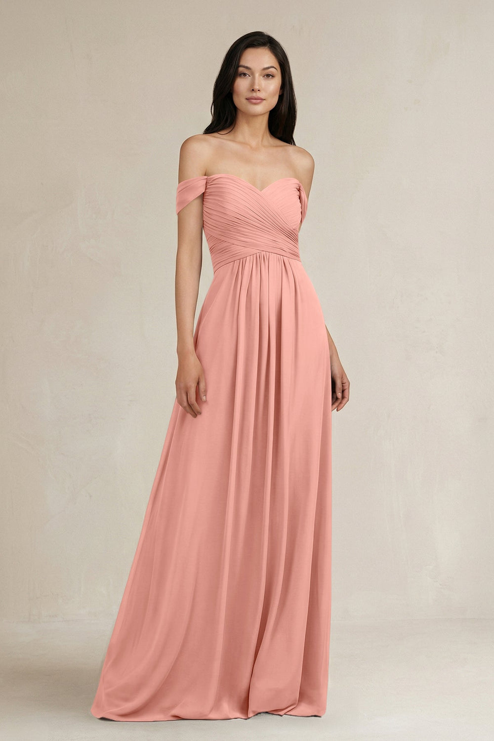 A-Line Pleated Off-the-Shoulder Chiffon Bridesmaid Dress in Rosette