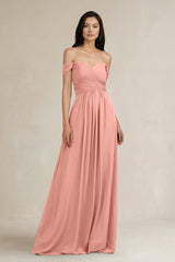 Rosette A-Line Pleated Off-the-Shoulder Chiffon Bridesmaid Dress | KISSBRIDAL
