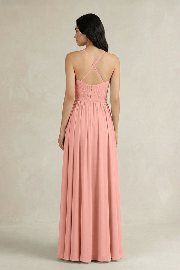 Rosette A-Line Pleated Spaghetti Strap Chiffon Bridesmaid Dress (2) | KISSBRIDAL