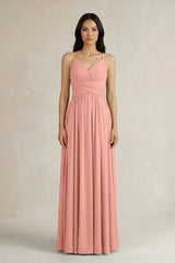 Rosette A-Line Pleated Spaghetti Strap Chiffon Bridesmaid Dress | KISSBRIDAL