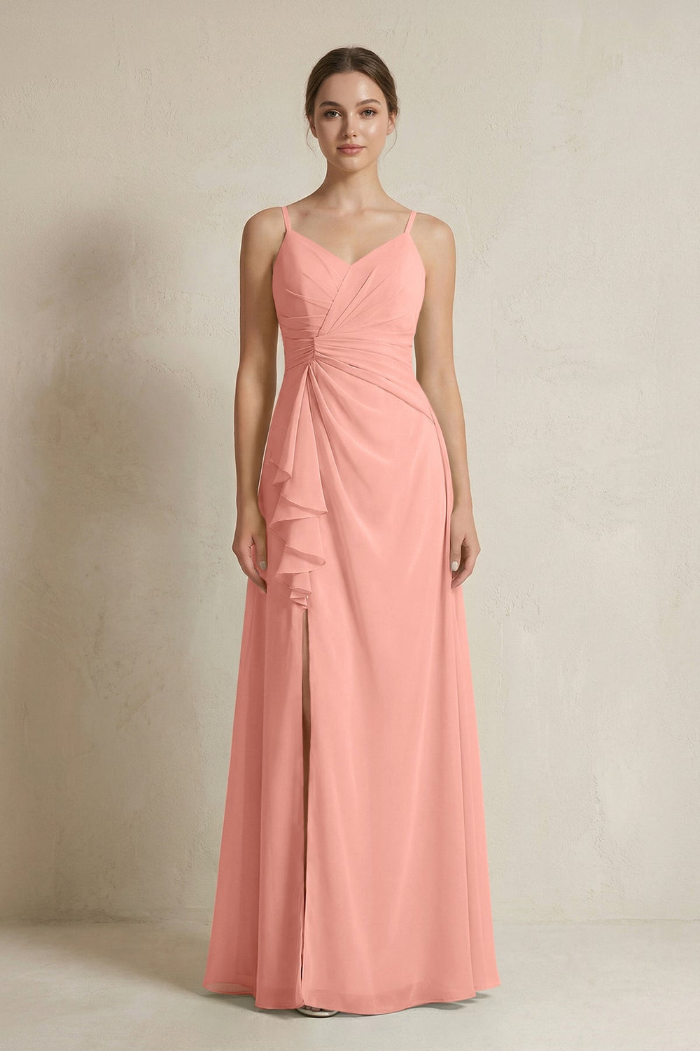 A-Line Ruffled Spaghetti Strap Chiffon Bridesmaid Dress in Rosette