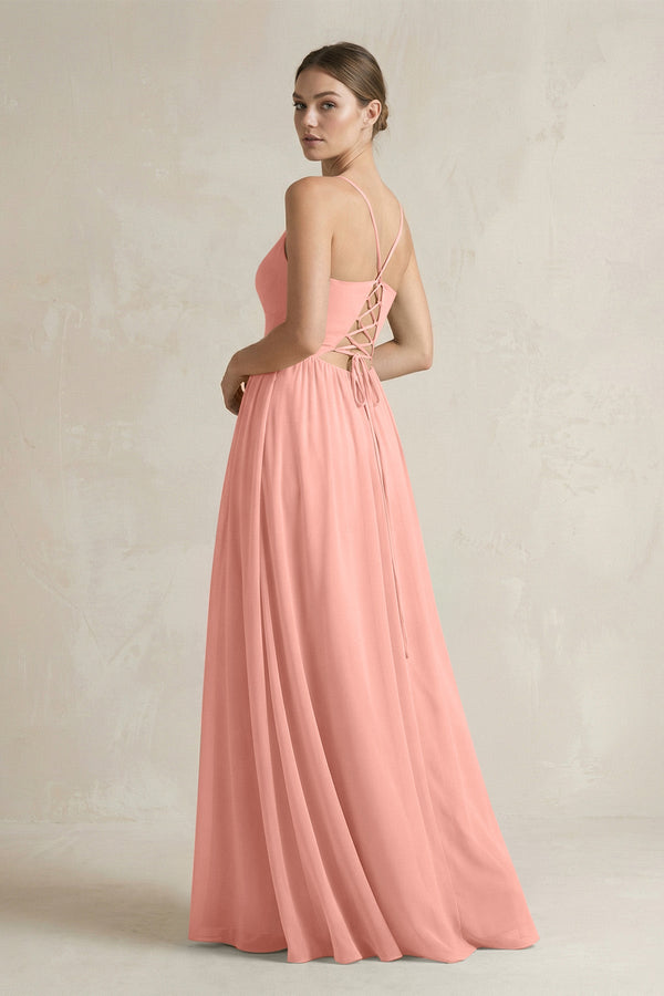 Rosette A-Line Spaghetti Strap Chiffon Bridesmaid Dress (2) | KISSBRIDAL