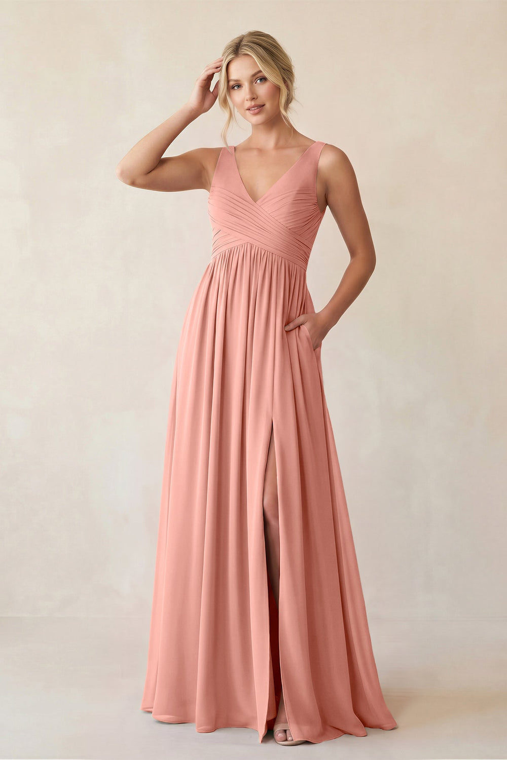 A-Line V-Neck Pleated Chiffon Bridesmaid Dress in Rosette