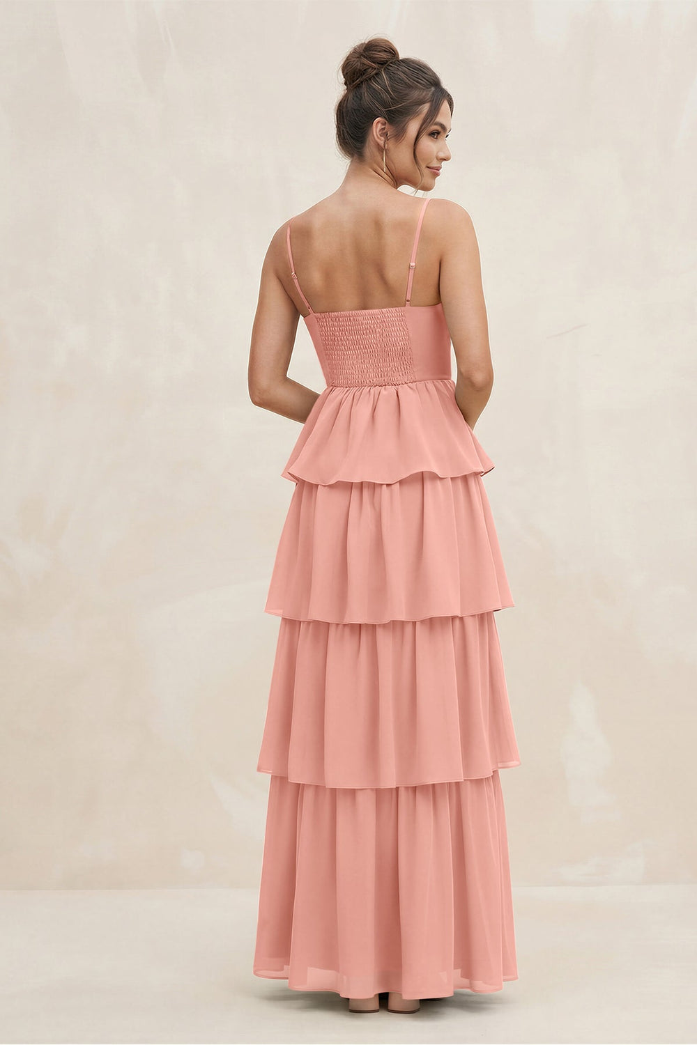 Cami Strap Tiered A-Line Chiffon Bridesmaid Dress in Rosette