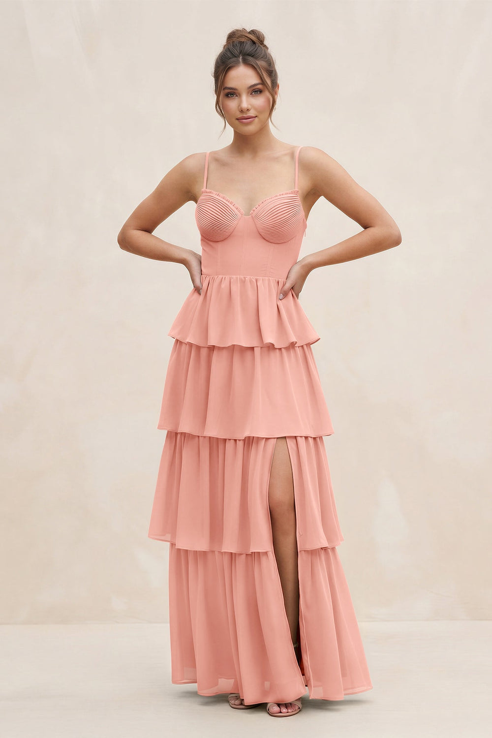 Cami Strap Tiered A-Line Chiffon Bridesmaid Dress in Rosette