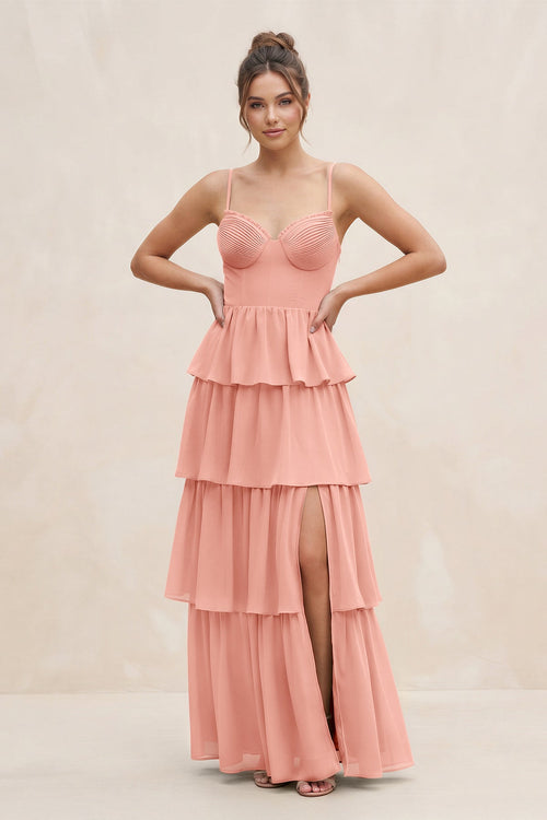 Rosette Cami Strap Tiered A-Line Chiffon Bridesmaid Dress | KISSBRIDAL